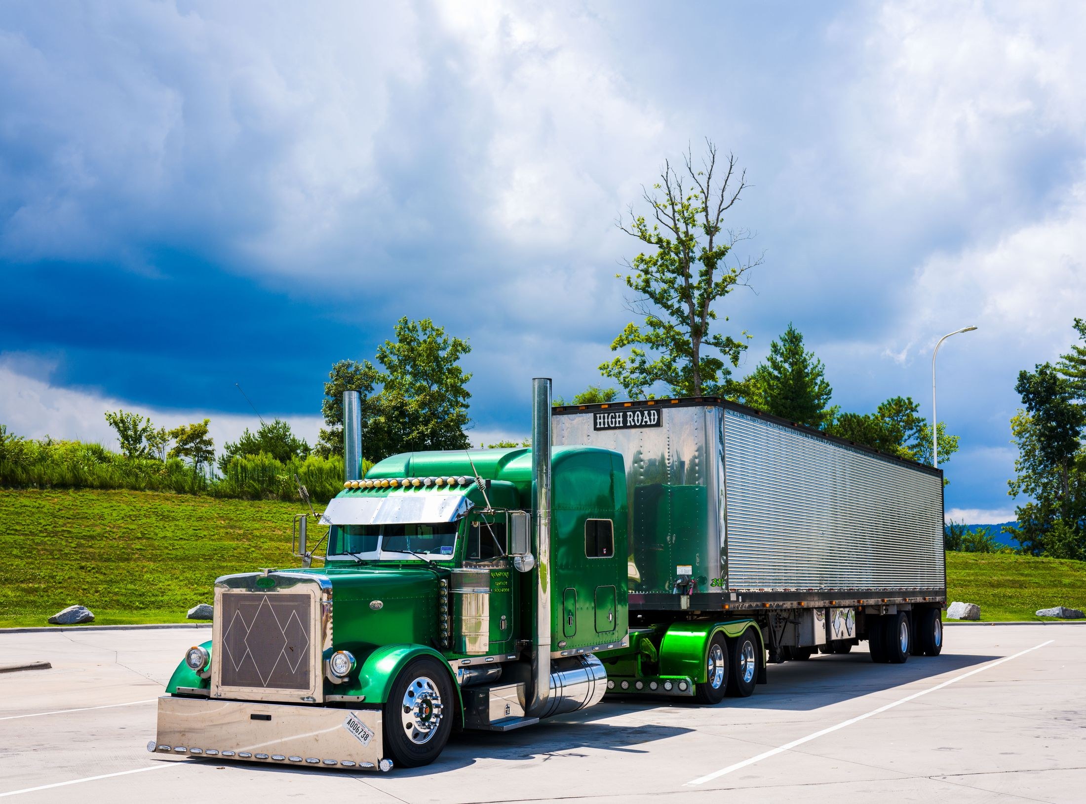 Green conventional semi truck with a silver dry van trailer parked beside trees and grass
